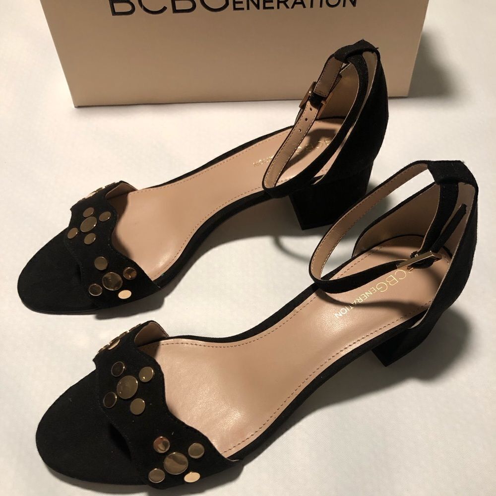 BCBGeneration Black Suede Ankle Strap Block Heel Sandals with Gold Studs